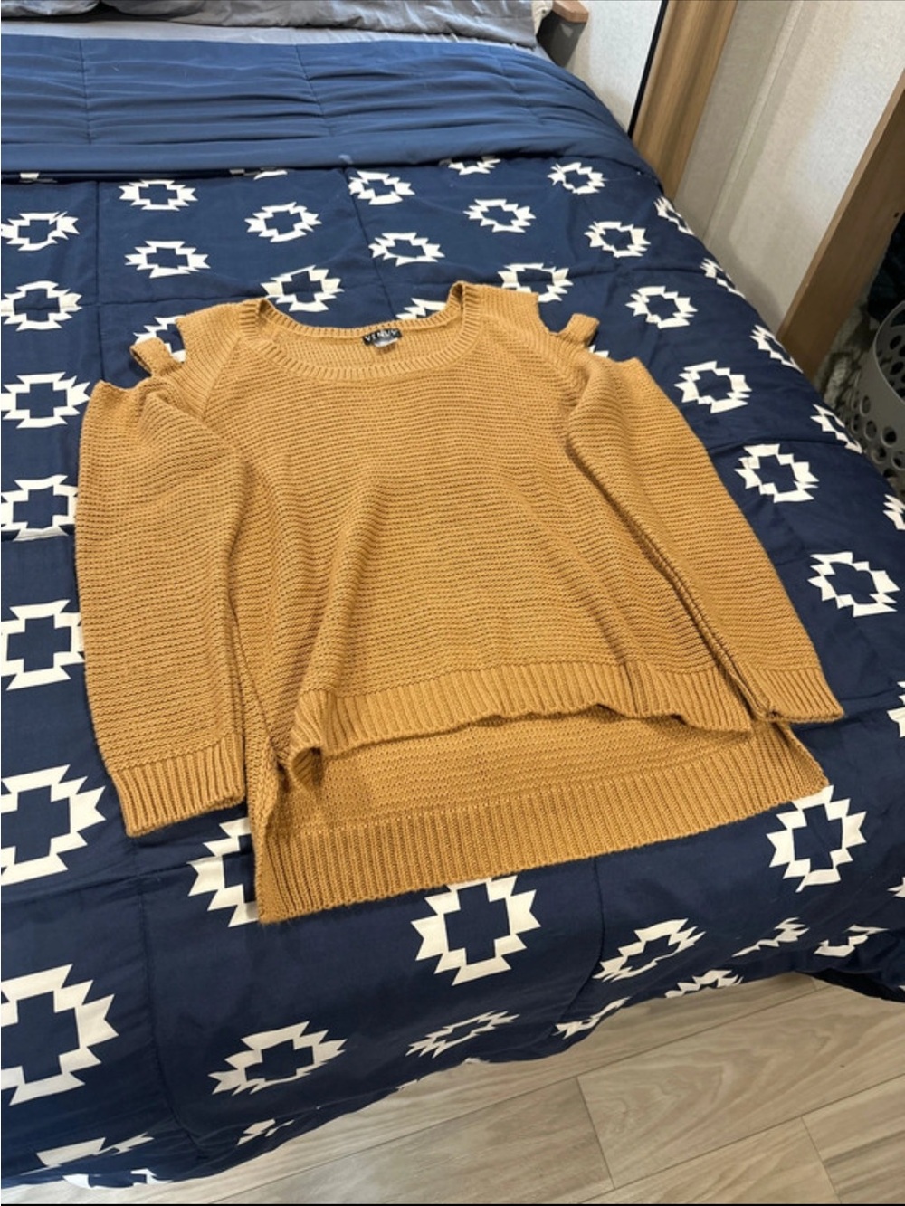 Venus XL Camel Cold Shoulder Ruffle Chunky Knit Sweater